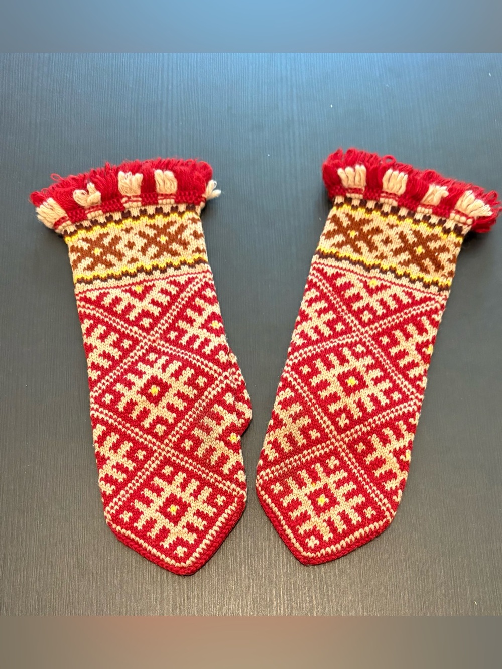 Hand knitted warm Latvian traditional winter mittens in red and yellow- New